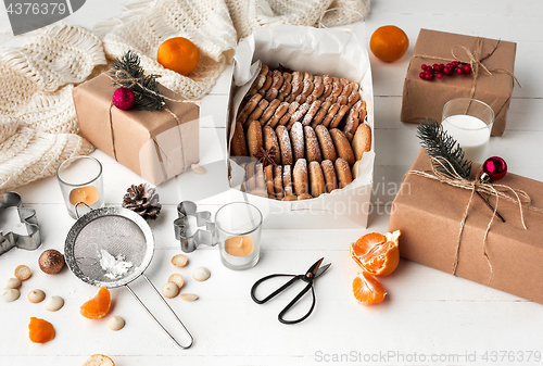 Image of Homemade bakery making, gingerbread cookies in form of Christmas tree close-up.