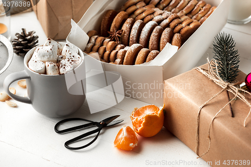 Image of Homemade bakery making, gingerbread cookies in form of Christmas tree close-up.