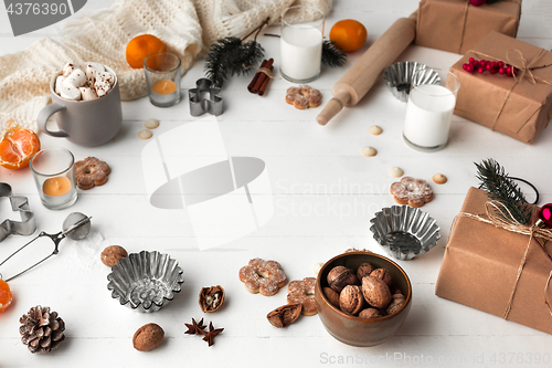 Image of Homemade bakery making, gingerbread cookies in form of Christmas tree close-up.