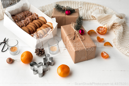 Image of Homemade bakery making, gingerbread cookies in form of Christmas tree close-up.