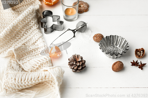 Image of Homemade bakery making, gingerbread cookies in form of Christmas tree close-up.