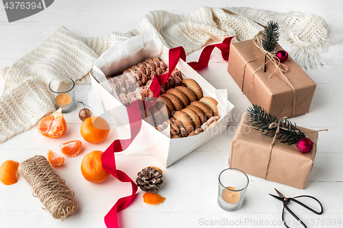 Image of Homemade bakery making, gingerbread cookies in form of Christmas tree close-up.