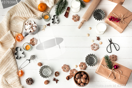 Image of Homemade bakery making, gingerbread cookies in form of Christmas tree close-up.