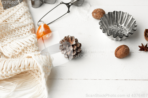 Image of Homemade bakery making, gingerbread cookies in form of Christmas tree close-up.