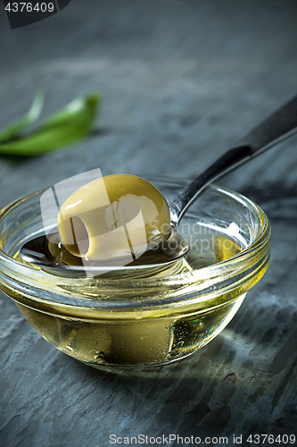 Image of Olive oil and olive branch on the wooden table