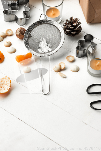 Image of Homemade bakery making, gingerbread cookies in form of Christmas tree close-up.