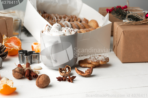 Image of Homemade bakery making, gingerbread cookies in form of Christmas tree close-up.