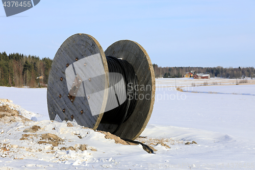 Image of Cable Reel at Work Site in Winter