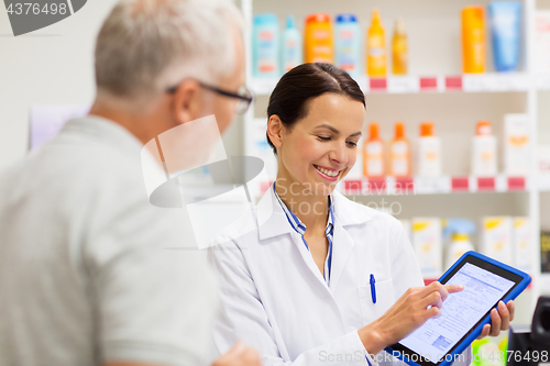 Image of apothecary and customer with tablet pc at pharmacy