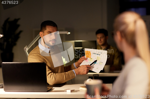 Image of colleagues discussing project late in office