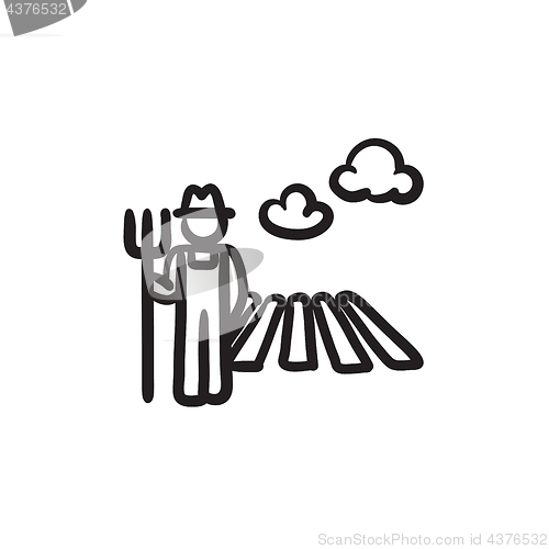 Image of Farmer with pitchfork at field sketch icon.