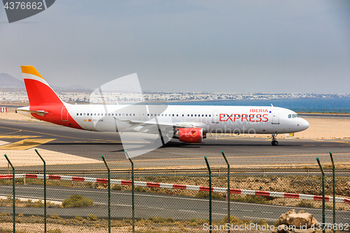 Image of ARECIFE, SPAIN - APRIL, 16 2017: AirBus A321 of IBERIA with the 