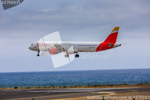 Image of ARECIFE, SPAIN - APRIL, 15 2017: AirBus A321 of IBERIA with the 