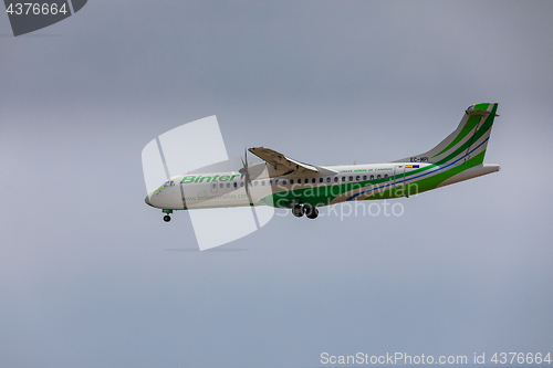 Image of ARECIFE, SPAIN - APRIL, 16 2017: ATR 72 of Binter with the regis