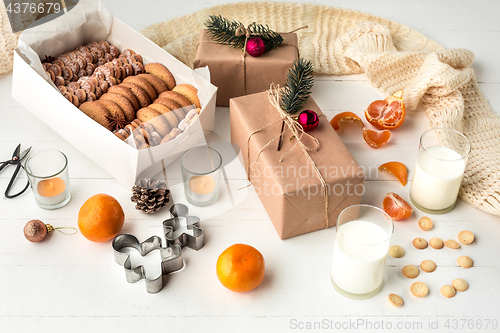 Image of Homemade bakery making, gingerbread cookies in form of Christmas tree close-up.