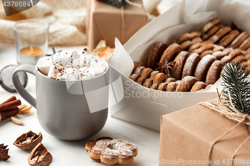 Image of Homemade bakery making, gingerbread cookies in form of Christmas tree close-up.