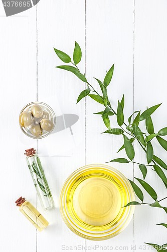 Image of Olive oil and olive branch on the wooden table