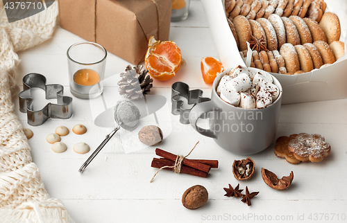 Image of Homemade bakery making, gingerbread cookies in form of Christmas tree close-up.