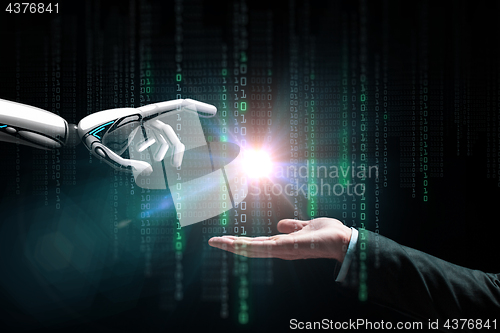 Image of robot and human hand flash light and binary code