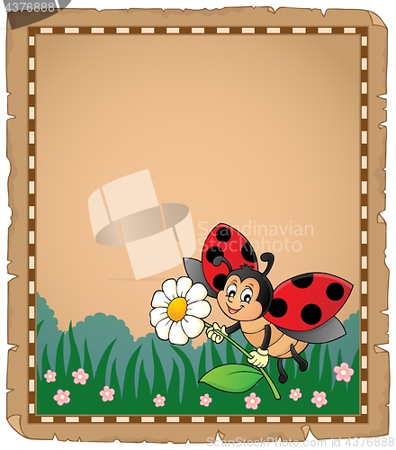 Image of Parchment with ladybug holding flower