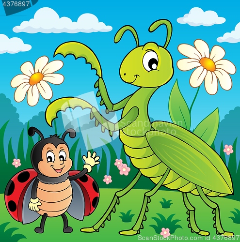 Image of Meadow with praying mantis and ladybug