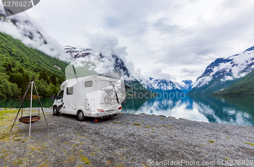 Image of Family vacation travel RV, holiday trip in motorhome