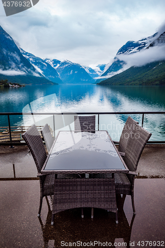 Image of Cafe on the nature background lovatnet lake.