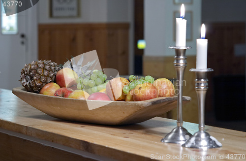 Image of Candles and fruits in the dining room of a mountain hotel at night, V&#229;l&#229;dalen Fj&#228;llstation, north Sweden