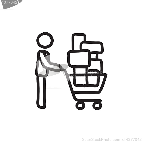 Image of Man pushing shopping cart sketch icon.