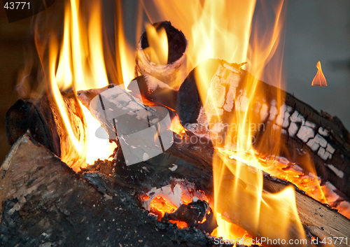 Image of Burning open fireplace with fire, flame, wood and embers