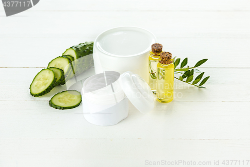 Image of Cucumber and aloe cosmetic cream face, skin and body care hygiene moisture lotion