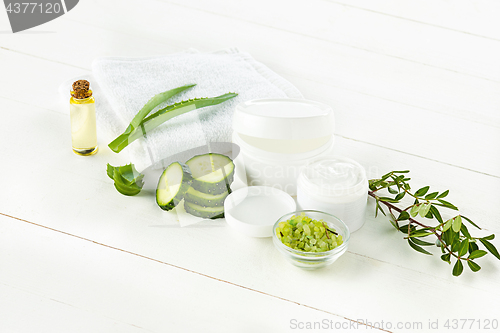 Image of Cucumber and aloe cosmetic cream face, skin and body care hygiene moisture lotion