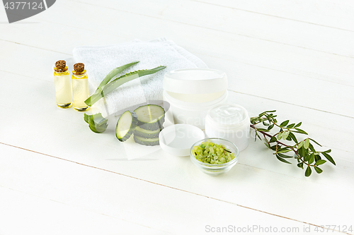 Image of Cucumber and aloe cosmetic cream face, skin and body care hygiene moisture lotion