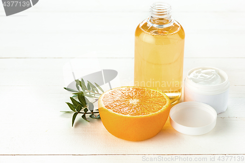 Image of Spa concept with salt, mint, lotion, towel on white background