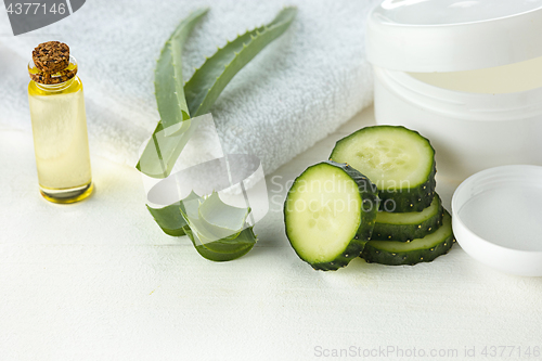 Image of Cucumber and aloe cosmetic cream face, skin and body care hygiene moisture lotion