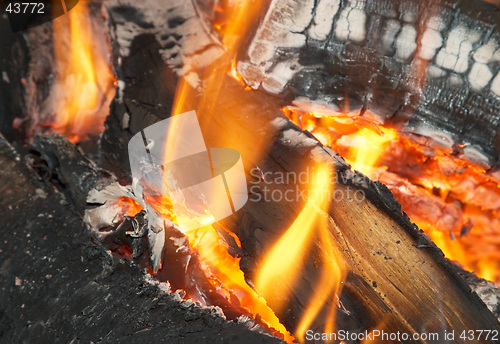 Image of Texture of burning open fireplace with fire, flame, wood and embers