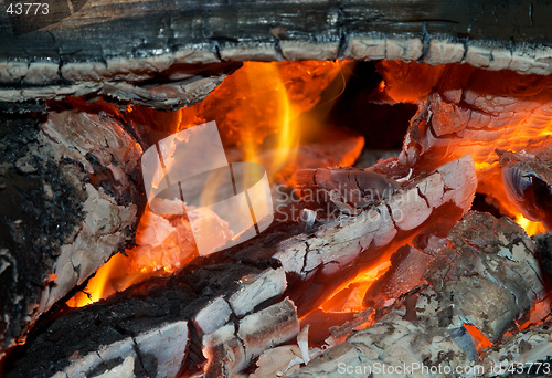 Image of Texture of burning open fireplace with fire, flame, wood and embers