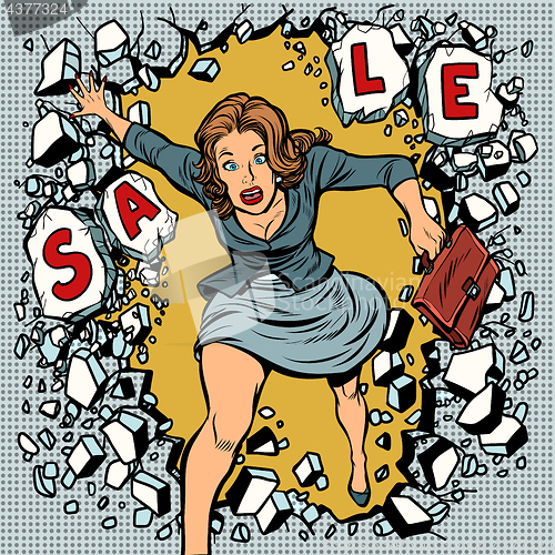 Image of A woman runs for sales, breaking the wall