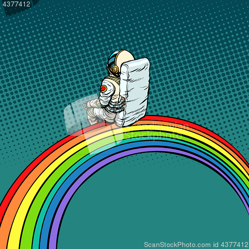 Image of astronaut sits on a rainbow