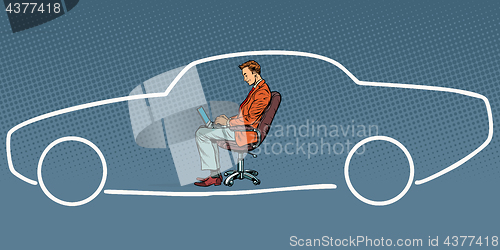 Image of businessman working on laptop and dreaming about car