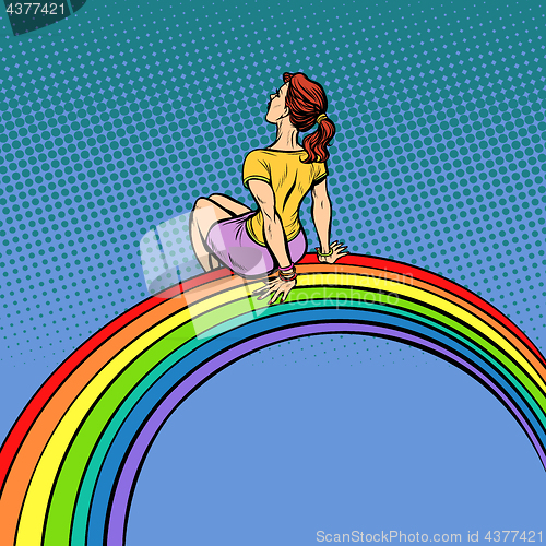 Image of The girl visionary young woman sitting on a rainbow