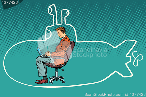 Image of businessman working on laptop and dreaming about traveling in su