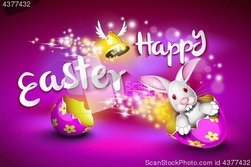 Image of Happy Easter greeting card, a funny rabbit driving an egg shell