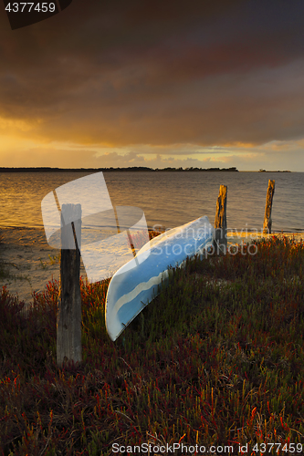 Image of Golden  light on blue canoe sitting on bed of red fire sticks