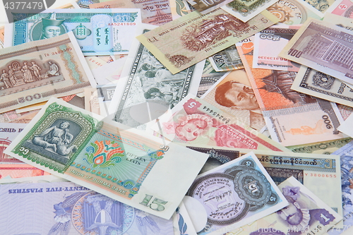 Image of different world banknotes background