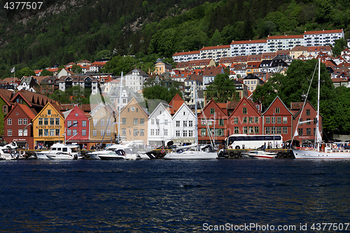 Image of BERGEN HARBOR, NORWAY - MAY 27, 2017: Private boats on a row alo