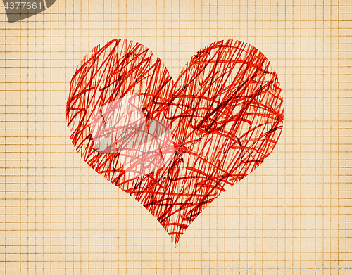 Image of Abstract red heart with messy pattern on old school cell paper