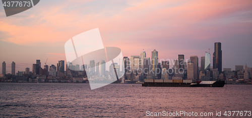 Image of Pink Sunset Cargo Ship Puget Sound Downtown Seattle Skyline