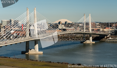 Image of People Move Across Portland Bridge Willamette River Mount St Hel