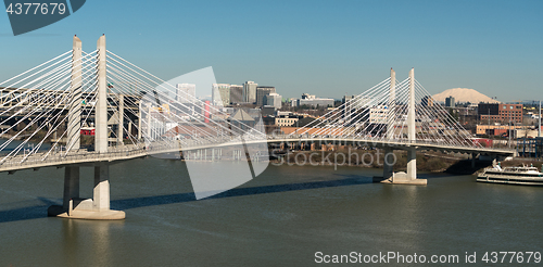 Image of People Move Across Portland Bridge Willamette River Mount St Hel